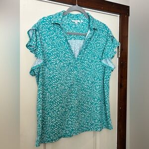 Aqua Green Swirl Print V-Neck Flutter Sleeve Women's Top Size 3 (XL) Chinos